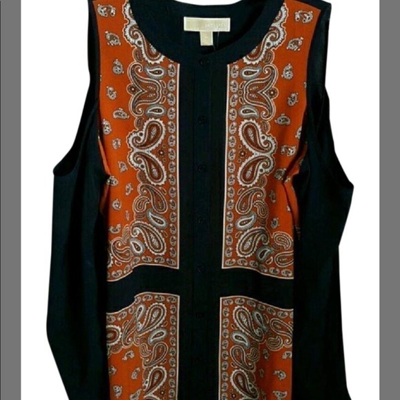 Michael Kors Orange/Navy Paisley Print Cold Shoulder Long Sleeve Blouse Sz S EUC - Picture 2 of 6